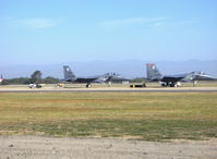  - USAF McDonnell Douglas F-15E STRIKE EAGLE air superiority fighters, two Pratt & Whitney F100-PW-220 afterburning turbofans 23,760 lb st each. Long range APG-70 radar and LANTIRN system. One 20mm Vulcan M61A1 cannon, AIM-9 Sidewinders or AIM-120 AMRAAMs - by Doug Robertson
