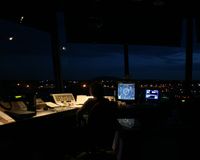  - View of the inside of the control tower at Hickory about an hour after sunset. - by Bradley Bormuth