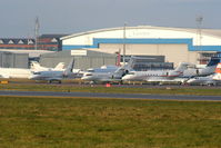  - Bizjets at Luton Airport amongst which are: Hawker 900XP P4-PET, Bombardier CL300 G-MEGP, Gulfstream 5 VQ-BLA and Gulfstream 200 HB-JKE - by Chris Hall