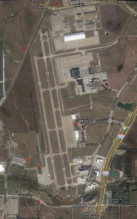  - Alliance Airport Spotting Map.
A. Very close to ramp.
B. AM approaches, 
C. PM approaches
D. PM Landings. Need ladder. may be asked to leave.
E. PM approaches 
F. AM approaches
G. Best PM Airshow spot. May be asked to leave. Maybe not ;)

 - by Zane Adams