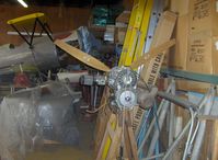  - Cuyuna 35 Hp water-cooled two cylinder single ignition engine, rear view, age unknown, three blade prop. Note: N34301, 1941 Meyers OTW 145 behind - by Doug Robertson
