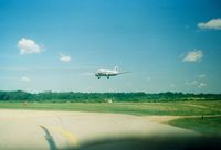  - Provincetown-Boston Airline DC-3 on short final for Runway 24 at Martha's Vineyard Airport, Vineyard Haven, MA - July 1986 - by scotch-canadian