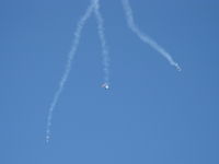 - Three parachutists with smoke doing stunts opening the Wings Over Camarillo Airshow 2013. Jump plane was N60154 'What's Up Doc', which see. - by Doug Robertson