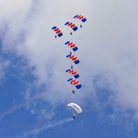  - The Magnificent RAF Falcons Parachute Display Team - non- contact canopy stack at the superb 25th Anniversary RAFA Shoreham Airshow. - by Eric.Fishwick