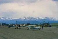  - Chief N3368E and N2371P at beautiful Bridgeport in 1989. Lovely town is a very short walk. You have an alpine type mountains  to the west and a desert view to the SW. Amazing country! - by S B J