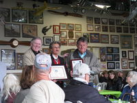  - Pat Quinn Museum Hangar Celebration Party on the occasion of his receiving the FAA Master Pilot Award for 50 year accident free-no violations flying. Pat with awarding Officials and the awards. - by Doug Robertson
