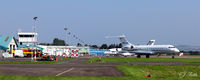  - Panoramic shot of Dundee Riverside airport EGPN taken on a (fairly) rare sunny day, with a visiting bizjet (N65WL) and a Flybe Dornier (G-BYMK) on the apron. - by Clive Pattle