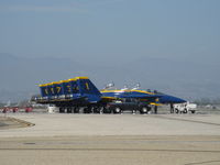  - Five Blue Angels F/A-18C single seat and one F/A-18D dual seat (tail #7) on display on practice day before the weekend air show. two General Electric F404-GE-402 turbofans. Max speed Mach 1.8 - by Doug Robertson