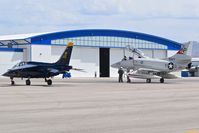  - Two warbirds parked on the north GA ramp. The blue Alpha Jet is hangared at BOI. The Skyhawk just stopping for gas. - by Gerald Howard