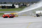  - airport fire truck exercising with training trailer at Salzburg airport #v - by Ingo Warnecke