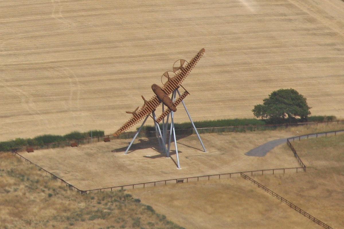 NONE, ‘On Freedom’s Wings’ The installation represents an Avro Lancaster bomber, in flight, heading “home” to RAF Swinderby, just 2 miles away. Although intended to be a reminder of all Bomber Command crews, one such aircraft, Lancaster R5689 (VN-N) crashed on, photo by Chris Hall