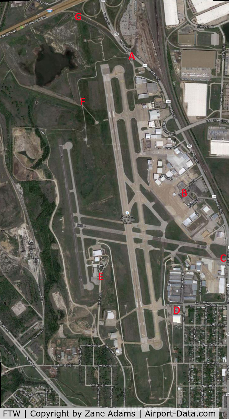 Fort Worth Meacham International Airport (FTW) - Spotting map for Fort Worth Meacham Field. The red letters indicate places that you can see action around the airfield. 