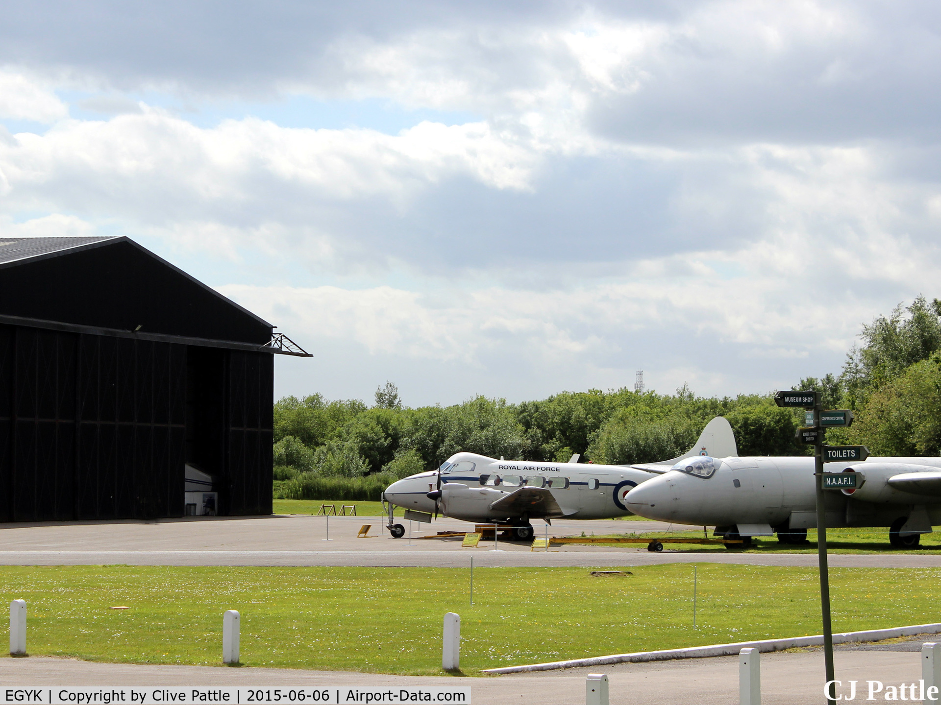EGYK Airport - External display and hangar at the Yorkshire Aviation Museum, Elvington. Parked up are a DH Devon and a Canberra.
