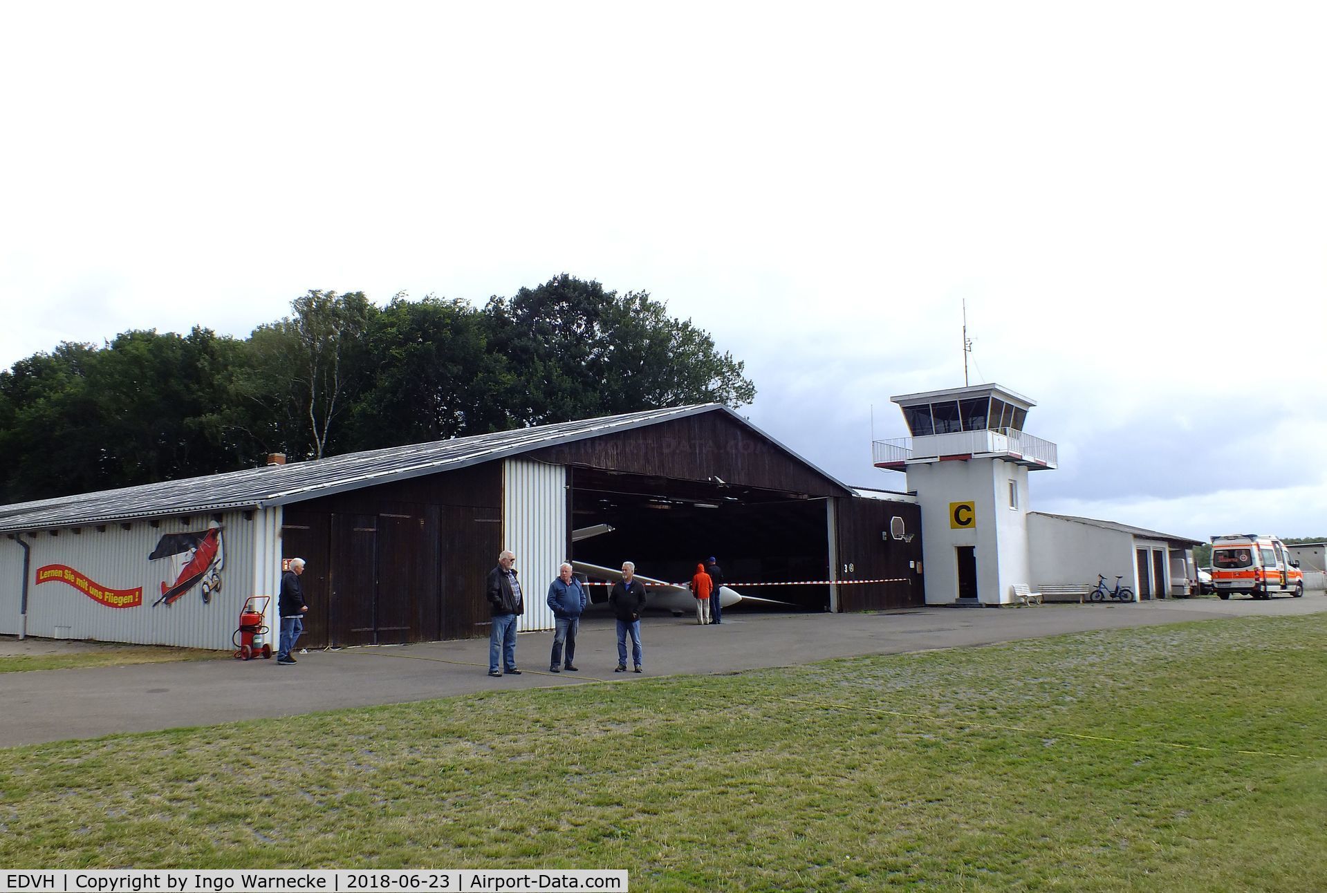 EDVH Airport - hangar and tower at Hodenhagen airfield