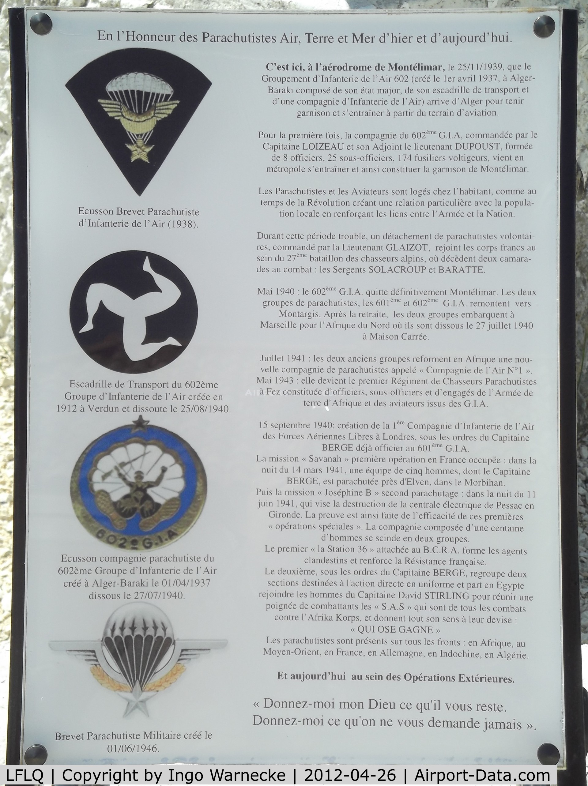Montélimar Ancone Airport, Montélimar France (LFLQ) - plaque commenmorating the founding and history of the french paratroopers at Montelimar Ancone airfield