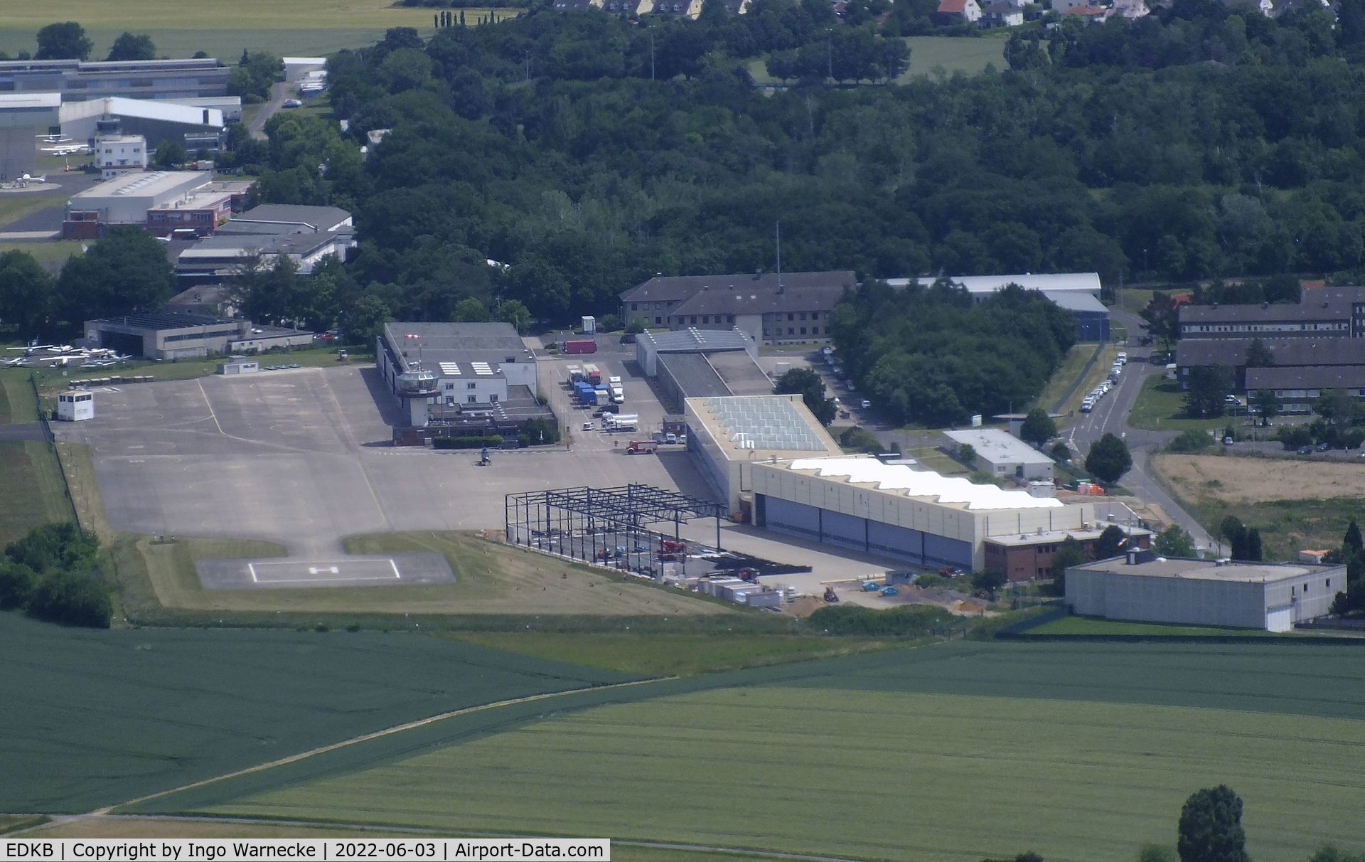 Bonn-Hangelar Airport, Sankt Augustin Germany (EDKB) - aerial view of Bundespolizei (federal police) towers and hangars at the western end of Bonn-Hangelar airfield