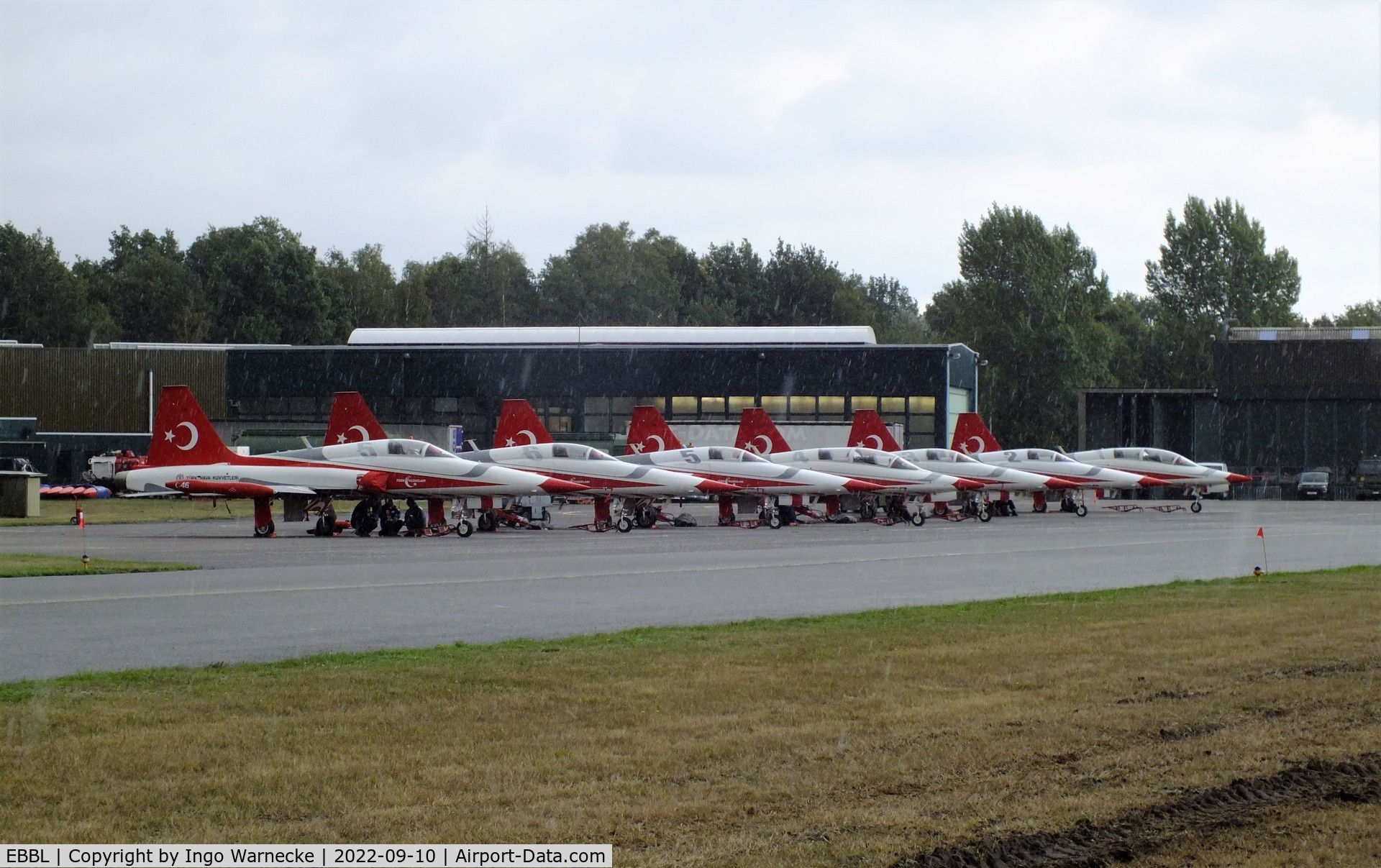Kleine Brogel Air Base Airport, Kleine Brogel Belgium (EBBL) - Turkish Stars display team lined up in the pouring rain at the 2022 Sanicole Spottersday at Kleine Brogel air base