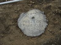 Santa Paula Airport (SZP) - New aircraft tail anchor pad set in concrete-Commemorating 2005-02-22 Santa Clara River washed out part of Rwy 04-22 disabling Airport for 5+ months. River overflow washed out land to 165 feet from this point - by Doug Robertson