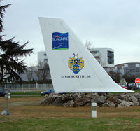 Toulouse Airport, Blagnac Airport France (LFBO) - Magnificent Tail (DC-8?) on a road island at the entrance to the Freight Zone at Toulouse - by Terry Fletcher