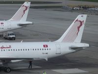 Paris Orly Airport, Orly (near Paris) France (LFPO) - Tale of two tails. Tunisair A320 TS-IME had just docked to gate as TU 722 from Tunis. Sister-ship Mike-November was being serviced in anticipation of her return to Djerba - by Alain Durand