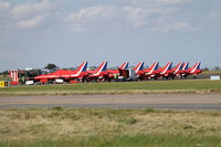 Norwich International Airport, Norwich, England United Kingdom (EGSH) - The Red Arrows parked on Delta at Norwich. - by Graham Reeve