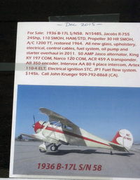 Santa Paula Airport (SZP) - Listing of 1936 Beech B17L STAGGERWING  FOR SALE. Call listed  owner. - by Doug Robertson